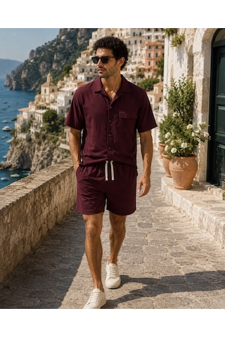 Erkek Premium Kumaş Modal Şort Slim Fit Takım Bordo 2018dngr