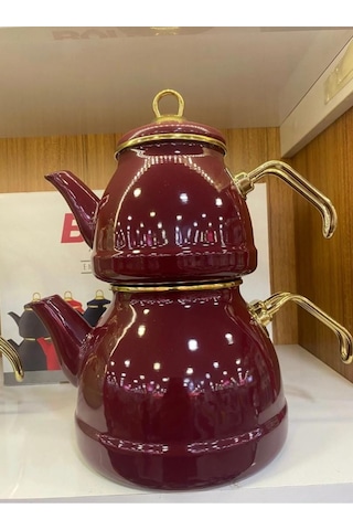 Emaye Özel Tasarım Yapışmaz Yüzey Büyük Boy Demlik Seti Emaye Çaydanlık Üst 1.4 L Alt 2.6 L Bordo