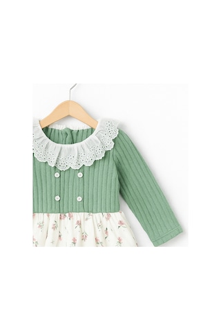 Carmin Baby Çiçek Desenli Dantel Detay Kız Bebek Elbise Yeşil