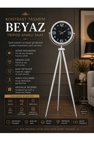 Almira Duvar Saati Kontrast Tasarım Beyaz Tripod Ayaklı Saat