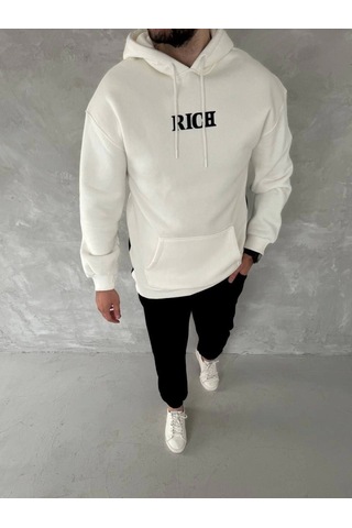Efnaz Style Uzun Kol Kapşonlu Göğüs Baskılı Sweatshirt - Beyaz