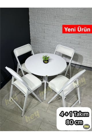 Aras 4 Kişilik Yuvarlak Mutfak Yemek Masası Takımı 4+1 Beyaz Deri 80 Cm Beyaz