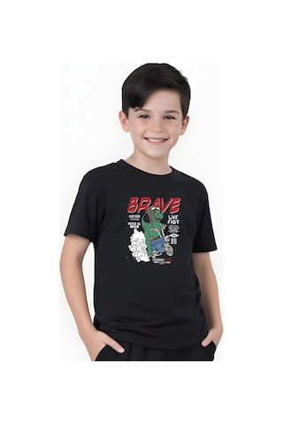 Panios Kids Brave Baskılı Erkek Çocuk Kısa Kollu Tişört Siyah