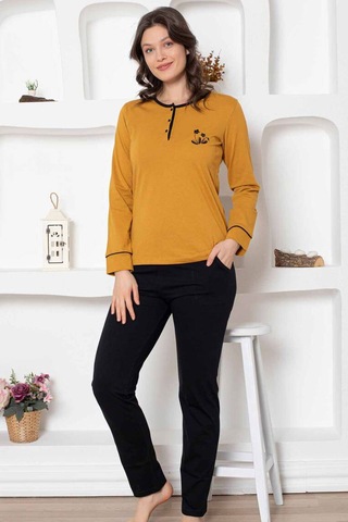 Alimer Kadın Hardal Bisiklet Yaka Uzun Kol Pijama Takım Edy2775h Hardal