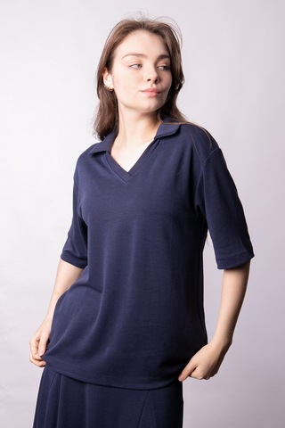 Kadın Yumşak Dokulu Esnek Kumaş V Yaka Yakalı Düşük Omuzlu Dirsek Boy Kollu Oversize Bluz-lacivert Lacivert