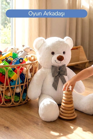 80 Cm Büyük Boy Yumuşak Papyonlu Oyuncak Ayıcık Beyaz