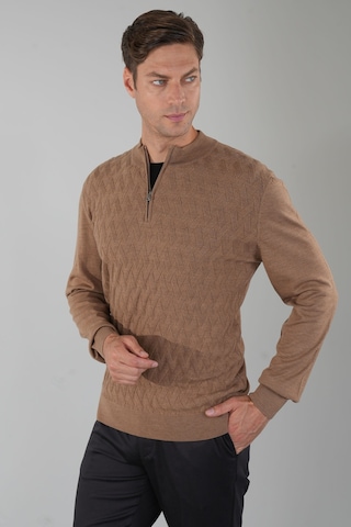 Bisse Camel Yün Yarım Balıkçı Yaka Fermuar Detaylı Jakarlı Triko Tr23k23208 D70
