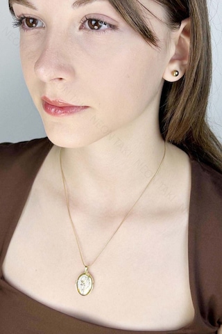 Zirkon Taşlı, Alya, Kapaklı, Paslanmaz Çelik Kolye 424, Altın Renk Altın