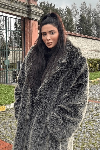 Açelyaokcu Premium Şal Yaka Mob Wife Suni Kürk Maxi Kadın Kaban Antrasit
