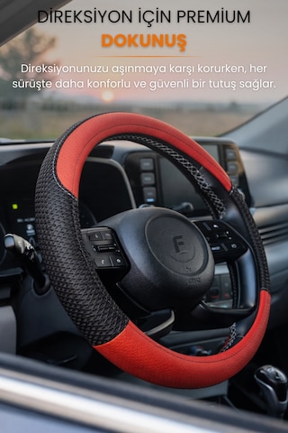 Direksiyon Kılıfı Universal Geçmeli Oto Direksiyon Kılıfı Premium Deri Kaymaz Terletmez - Flx2 Siyah - Kırmızı
