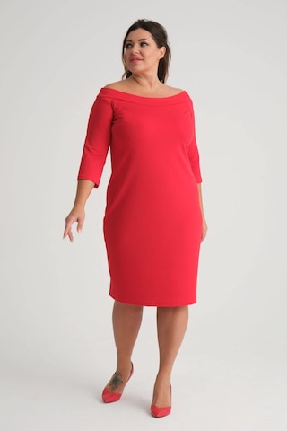 Kadın Kırmızı Carmen Yaka Truvakar Kol Büyük Beden Esnek Krep Elbise-kırmızı Kırmızı