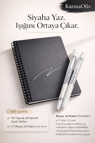 Siyah Sayfalı A6 Defter + 2 Li Beyaz Jel Kalem Seti Premium Yazım Deneyimi Siyah