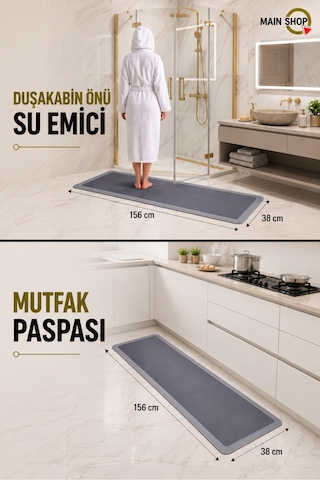 Mainshop 2 Adet Sihirli Su Emici Mutfak Paspası Banyo Paspası Kaymaz Tabanlı 156x38 Cm Yazısız M-61 Gri
