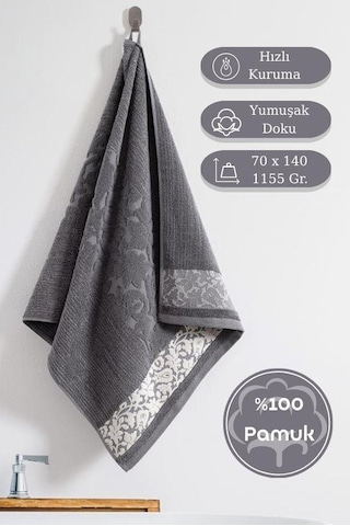 Pamuk Tekli Havlu Jakarlı Karna Premıum Stella - 70 X 140 Gri