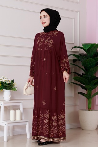 Sevitli Yarım Düğmeli Robalı Nilay Elbise-bordo-4876 Bordo
