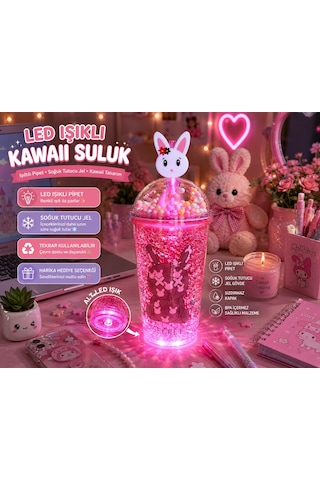 Çift Katlı İçecek Bardağı Led Işıklı Pipetli Kawaii Chibi Sevimli Tavşan Figürlü Suluk 450ml Kırmızı