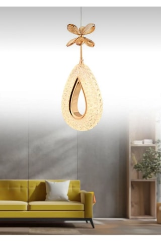 LumiaLighting Damla Model Gold 3 Renk Modu Ledli Kristal Taşlı Modern Salon Mutfak Oturma Çocuk Odası Led Avize Altın