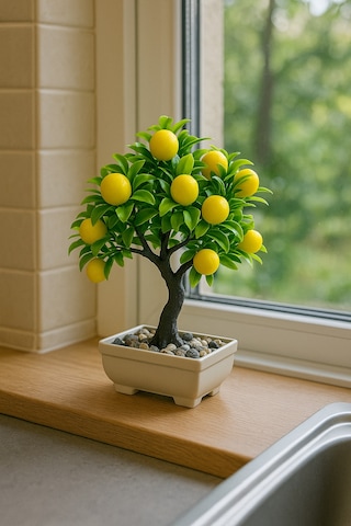Dekoratif Limon Ağacı 23 Limonlu, Saksılı Ve Taşlı Plastik Bonsai Açık Sarı - Yeşil