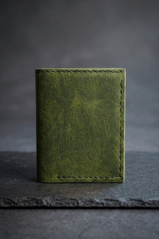 Huggy Craft Hakiki Deri Vintage Haki Yeşil Kartlık Cüzdan El Yapımı Minimalist Kartlık