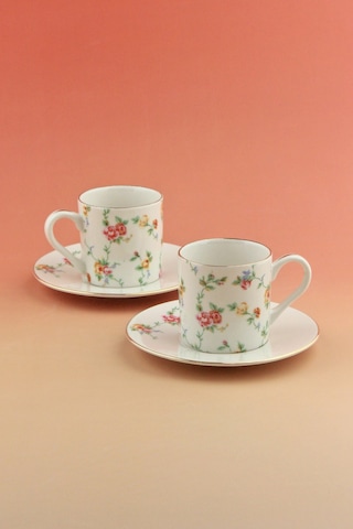 Mine Çiçeği Altın Yaldızlı İki Kişilik Kahve Fincan Takımı Beyaz