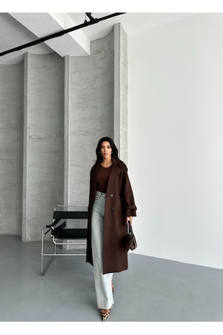Meecy Laura Kuşaklı Yeni Sezon Astarlı Premium Kalite Rahat Kalıp Kadın Kaşe Kaban Mont Kahverengi Kahverengi