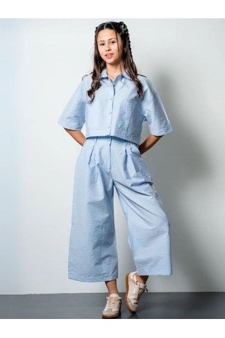 Kız Çocuk Crop Gömlek Poplin Pantolon Takım-15793 Mavi