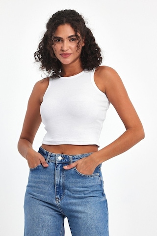 Comeor Kadın Beyaz Fitilli Görünümlü Askılı Kalın Esnek Örme Basic Crop Atlet Bluz Cmrb93