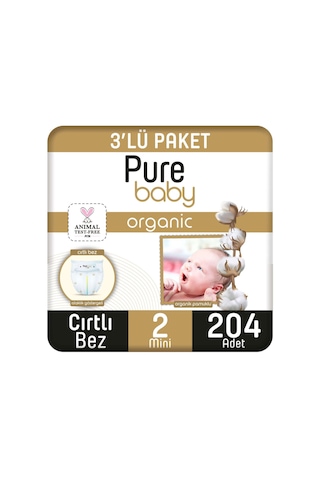 Pure Baby Organik Pamuklu Cırtlı Bez 3'lü Paket 2 Numara Mini 204 Adet 3'lü