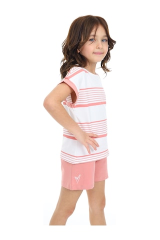 Toontoy Kids Toontoy Kız Çocuk 2'li Takım Baskılı Bisiklet Yaka T-shirt & Beli Lastikli Cepli Şort Mercan