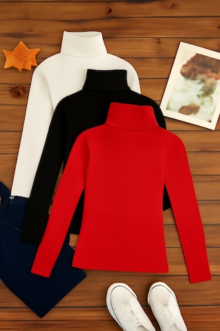 3'lü Paket Kadın Basic Tam Balıkçı Yaka Kazak Çok Renkli-4