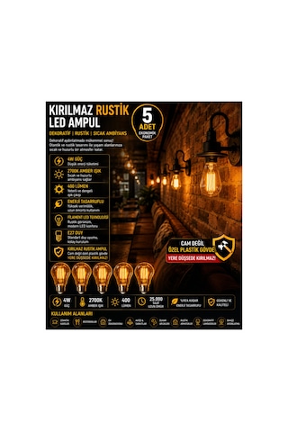 5 Adet Kırılmaz Rustik Led Ampul 4w 2700k Amber Işık 400 Lümen E27 Dekoratif Filament Ampul Otantik Cafe Restoran Ev Aydınlatma,dekoratif Vintage Edison Glop Ampul 220v,