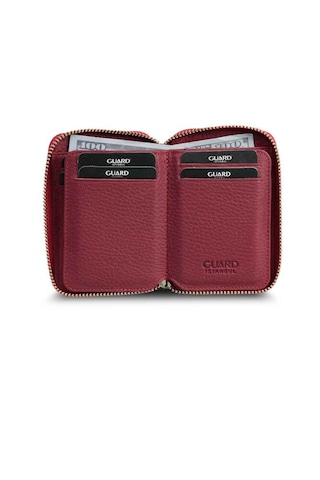 Guard Leather Guard Fermuarlı Kırmızı Deri Mini Cüzdan