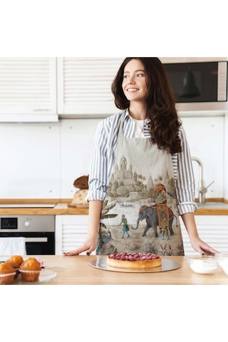 Otantik Manzara Tasarımlı Mutfak Önlüğü Keten Kumaş, Uluslararası Yıkama Ve Solmama Sertifikası Çok Renkli