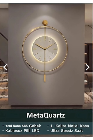 MetaQuartz Aksesuar Büyük Boy 50 x 75 CM İskandinav Kristal Ledli Pilli Duvar Saati Gold