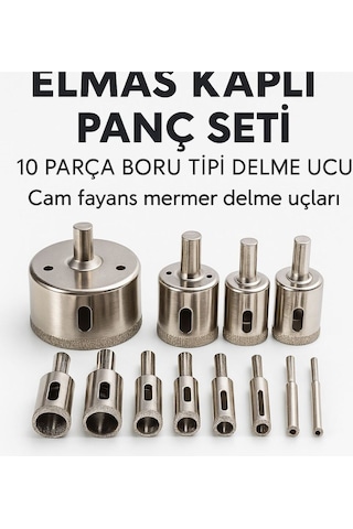 Merttools Elmas Kaplı Cam Fayans Delme Matkap Ucu Seti 10 Parça Boru Tipi Panç Seti