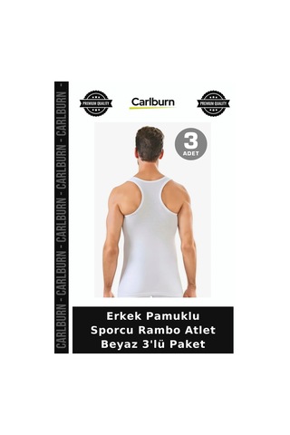Carlburn Özel Seri Erkek Pamuklu Sporcu Rambo Atlet Beyaz 3'lü Paket Kolsuz Giyim Rahat