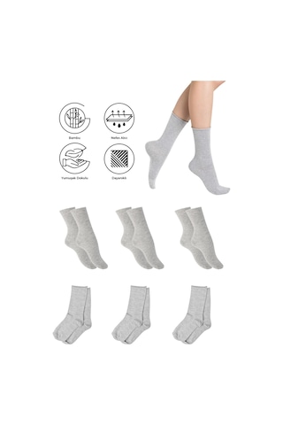 Bambu Kadın Lastiksiz Gri Soket Dikişsiz Premium Çorap 3'lü Pkt Gri Melanj