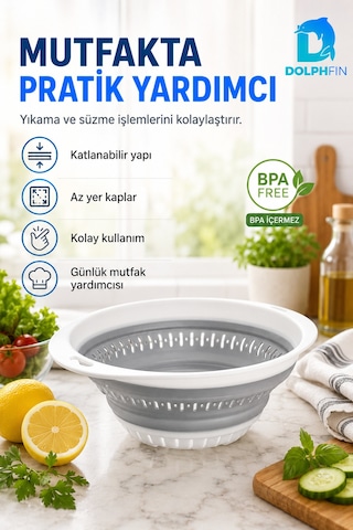 Katlanır Oval Süzgeç Mutfak Pratik Kullanım Gereci Beyaz - Gri