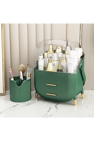 Çekmeceli Makyaj Kutusu Ve Düzenleyici Kozmetik Eşya Masa Üstü Organizer Yeşil