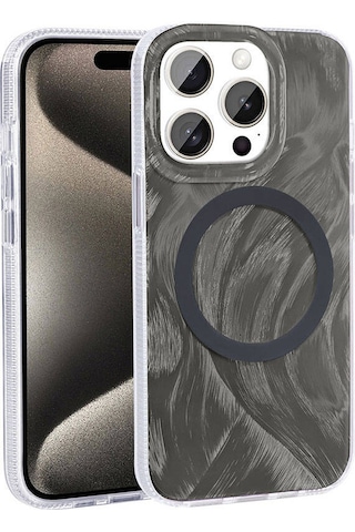 Apple Uyumlu iPhone 15 Pro Max Kılıf M-safe Şarj Özellikli Fırça Boya Desenli Zore Palet Kapak Pembe