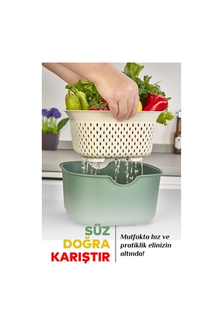 9'lu Mutfak Hazırlık Seti - Yatay Standlı Kulplu Kesme Tahtası Karıştırma Kabı Süzgeç Limon Sıkacağı Yeşil