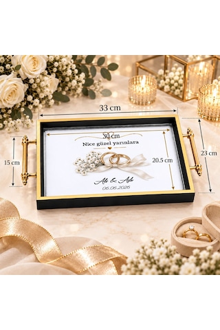 Bk Gift Kişiye Özel Siyah&gold Söz Nişan Tepsisi-3 - 39x23 Cm Çok Renkli