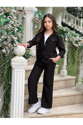 Modavals Kol Katlamalı Keten Gömlek Cepli Keten Alt & Suprem Askılı Badi 3lü Kız Çocuk Takım Siyah