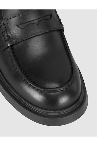 Siyah Hakiki Deri Kalın Taban Kadın Loafer Ayakkabı