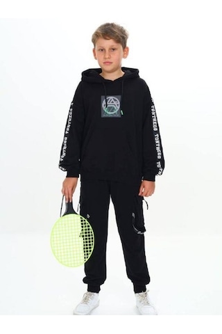 Çocuk Kapüşonlu Stay Strong Yazılıi Sweatshirt-14816 Siyah