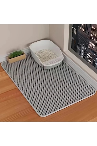 Hightower Gri Çift Katmanlı Eva Kedi Kumu Matı, Su Geçirmez Petek Tabanlı Kaymaz Tüy