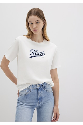 Mavi - Mavi Logo Baskılı Ekru Tişört 1613565-80194 Ekru