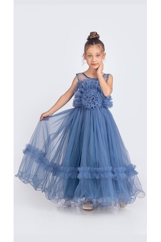 Mnk Baby & Kids Uzun Etekli , Askılı Kız Cocuk Gül Motif Abiye Elbise M00670 Koyu Mavi