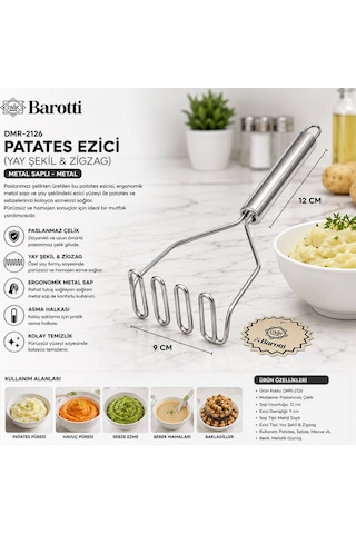 Baysa-660 Yay Şekil & Zigzag Metal Saplı Patates Ezici- 12'li Paket