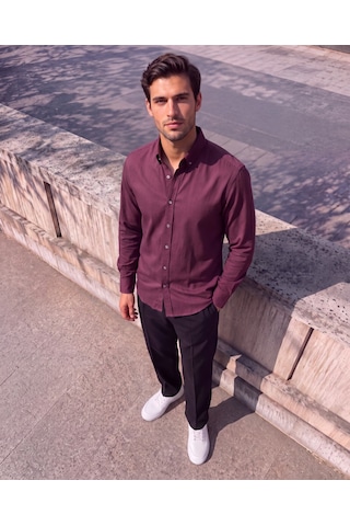 Hazego Erkek Standart Kesim Gabardin Kumaş Uzun Kollu Gömlek Bordo
